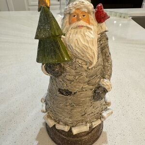 Father Christmas Figurine Tree And Cardinal  Statue With Glitter